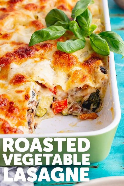 This roasted vegetable lasagne has a delicious cheesy white sauce and plenty of your favourite roasted veggies. This is the best veggie lasagne recipe and makes perfect vegetarian comfort food! #thecookreport #vegetablelasagne #lasagne #comfortfood Roasted Veggie Lasagna Recipe, Roasted Veg Lasagna Recipe, Roasted Veggie Lasagna, Veggie Lasagne Recipes, Roasted Vegetable Lasagna Recipe, Best Veggie Lasagna Recipe, Veg Lasagne Recipe, Vege Lasagna Vegetable Lasagne, Vegetarian Lasagna Recipe Vegetable Lasagne White Sauce