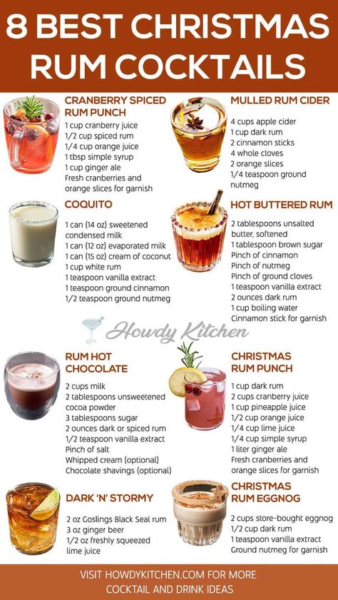 A collection of 8 holiday-inspired rum cocktails, including Dark ‘N’ Stormy and Christmas Rum Eggnog, Mulled Rum Cider, Coquito perfect for festive winter celebrations. Ritual Rum Recipes, Cocktails Recipes Christmas, Holiday Cocktails With Rum, Rum Thanksgiving Cocktail, Holiday Drinks With Rum, Christmas Cocktails Recipes Rum, Winter Rum Drinks, Virgin Christmas Drinks, Rum Christmas Drinks