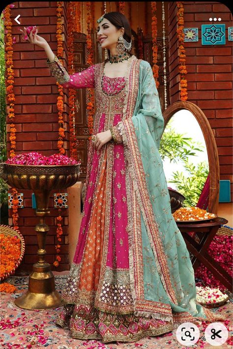 Mehndi Bridal Frocks, Colourful Pakistani Dresses, Pakistani Mehndi Outfit For Bride, Colorful Mehendi Outfits, Haris Shakeel Mehndi Dresses, Pakistani Colorful Dresses, Pastel Mendhi Outfit, Pakistani Mehndi Dress Bridal, Mendi Outfits For Bride