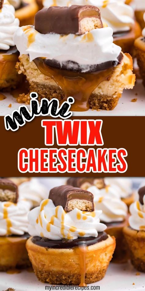 Bet you can’t have just one bite of this decadent chocolate caramel treat! Prepare something incredible when combining the flavor of cheesecake with one of your favorite chocolate bars to prepare this mini Twix cheesecake recipe. Grab the ingredients and make this amazing dessert today! Twix Cheesecake Recipe, Twix Cheesecake, Small Cheesecakes, Mint Cheesecake, Cheesecake Bites Recipe, Caramel Treats, Mini Cheesecake Recipes, Caramel Cheesecake, Cheesecake Desserts