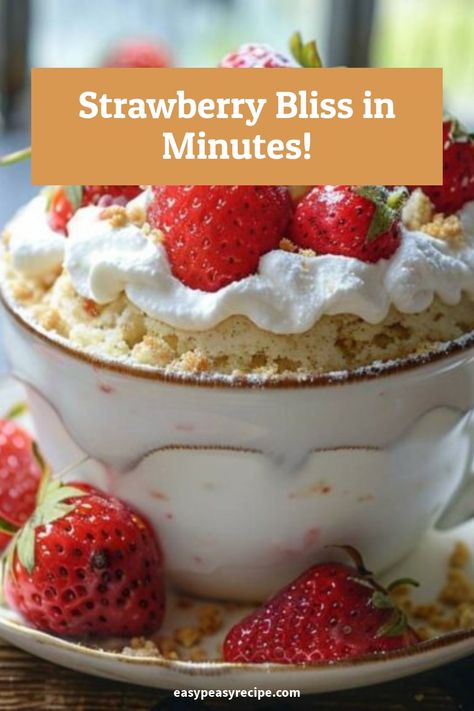 A delicious strawberry shortcake mug cake topped with whipped cream and fresh strawberries. Strawberry Shortcake Mug Cake, Cake Magic, Gooey Cake, Easy Zucchini Recipes, Mug Cake Recipe, Easy Peasy Recipes, Quick Dessert, Homemade Sweets, Warm Cake