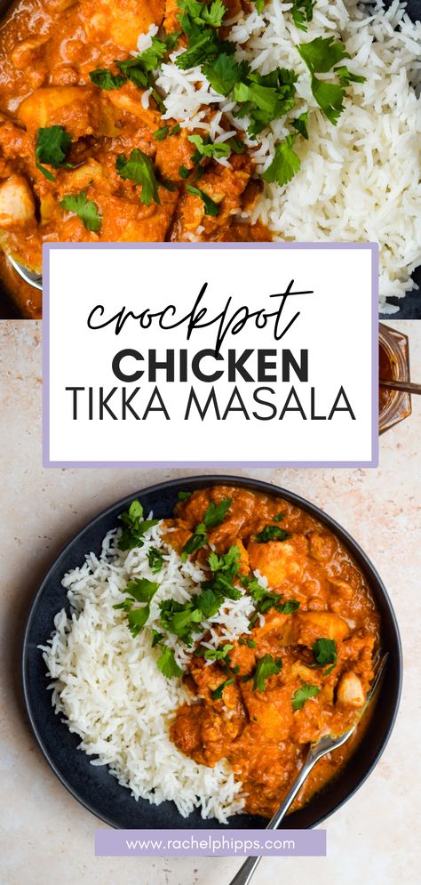 This tasty Slow Cooker Chicken Tikka Masala recipe takes just 15 minutes to throw together before being left to cook low and slow while you get on with other things. Crockpot Chicken Tikka Masala Easy, Tika Masala Chicken Slow Cooker, Tikka Masala Recipe Slow Cooker, Slow Cooker Chicken Masala, Chicken Tika Crockpot, Tiki Masala Recipe Crock Pot, Chicken Ticca Masala, Crock Pot Chicken Tikka Masala, Slow Cooker Tikka Masala Chicken