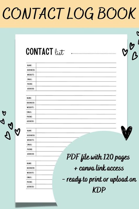 Fully editable by canva - can be used as printable list or Planner interior for selling on KDP or other publishing platforms ✔️ PDF file with 120 pages + canva link access- ready to print or upload on KDP ✔️ High resolution ✔️ Provided in popular dimension: 6 x 9" ✔️ All KDP tested - NO BLEED - no errors You will get the following files: PDF (1MB) PDF (370KB) Kdp Templates Free, Kdp Planner, Vision Board Planner, Christmas Activity Book, Small Business Planner, Contact List, Types Of Books, Kids Activity Books, Log Book