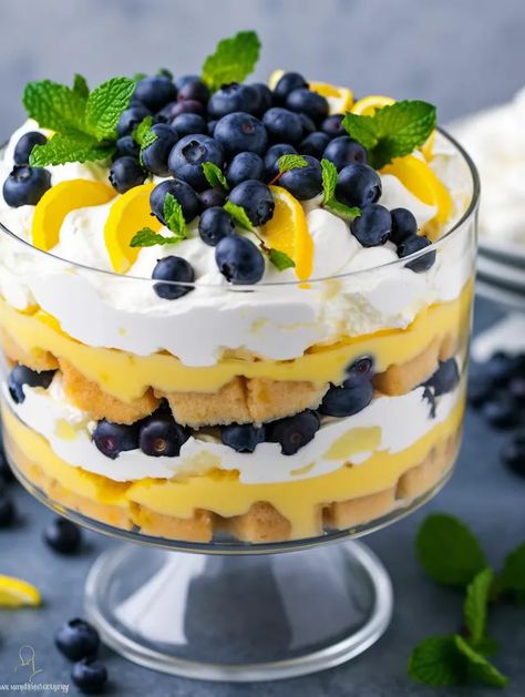 Luscious Lemon Blueberry Trifle Lemon Blueberry Trifle Recipes, Lemon Trifle Recipes, Lemon Curd Trifle, Tropical Trifle, Lemon Blueberry Trifle, Lemon Trifle, Desserts Bars, Blueberry Trifle, Trifle Bowl Recipes