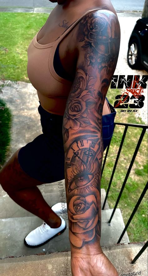 Women Lower Arm Sleeve Tattoo, Arm Tattoo Ideas Female Sleeve, Females With Sleeve Tattoos, Female Full Arm Tattoo, Both Arm Tattoos For Women, Sleeve Ideas Black Women, Freestyle Sleeve Tattoo Women, Wasted Time Tattoo Ideas, Left Sleeve Tattoos For Women