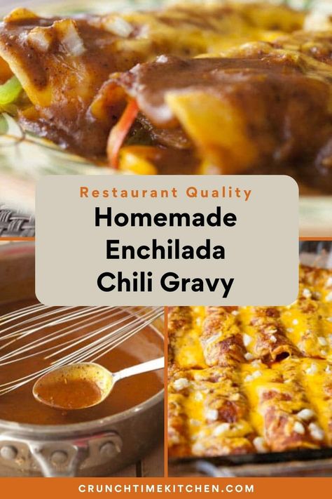 This recipe lets you in on the secret to restaurant quality enchiladas! I keep it simple and yummy with peppers and gooey cheese and a delicious homemade chili gravy sauce! crunchtimekitchen.com #enchiladas #homemade #texmex #sauce Enchilada Gravy Recipe, Chili Gravy Recipe, Chili Gravy, Mexican Sauce, Recipes With Enchilada Sauce, Homemade Sauce Recipes, Homemade Enchilada Sauce, Homemade Enchiladas, Cheese Enchiladas