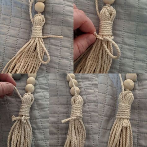 How To Make A Farmhouse Bead Garland With Attached Macrame Tassels | Hometalk Wood Bed Garland, Jute Tassels Diy, How To Tie Off A Tassel, Beads Garland Ideas, Wood Bead And Tassel Garland, Wooden Bead Tassel Diy, Diy Wooden Beads Garland, How To Make A Beaded Tassel Tutorials, Wood Bead Ring