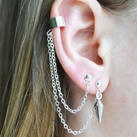 Asymmetric Pair Of Ear Cuffs Double Piercing 2 Holes Chain Earrings... ($23) ❤ liked on Polyvore featuring jewelry, earrings, dangle ear cuff, spike ear cuff, chain ear cuff, ear cuff jewelry and earring charms Ear Cuff Chain Earrings, Spike Ear Cuff, Ear Cuff Chain, Earring Cuff Chain, Ear Cuff Jewelry, Cool Ear Piercings, Pretty Ear Piercings, Double Piercing, Cute Ear Piercings