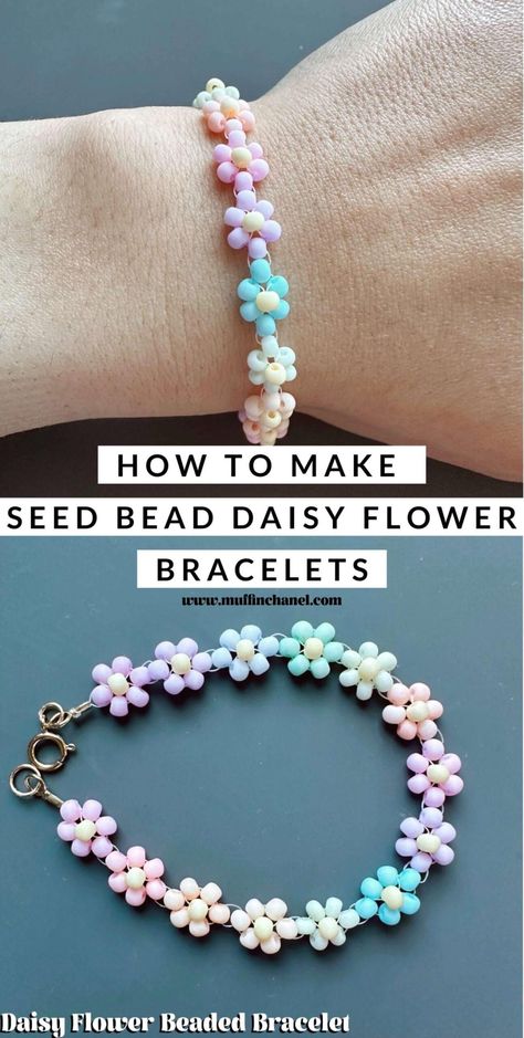 How to Make Seed Bead Daisy Flower Bracelets - MuffinChanel Flower Bead Friendship Bracelet, How To Bead Flowers Bracelet, Flower Bracelet Pattern Beads, How To Do A Beaded Flower, Flower Bracelets Beads, Daisy Beaded Bracelets Diy, How To Make The Flower Bracelet, Making Flower Bracelets, Beaded Bracelets Diy Flower