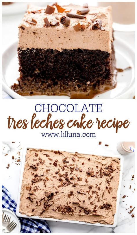 Chocolate Tres Leches Cake is a chocolate twist on a classic Mexican dessert. This chilled treat is rich and decadent! #treslechescake #cake #tresleches #chocolate #dessert Tres Leches Cake Recipe Chocolate, Tres Leches Chocolate Box Cake Recipe, German Chocolate Tres Leches Cake, Mexican Chocolate Tres Leches Cake, Chocolate Mocha Tres Leches Cake, Trees Leches Cake, Tres Leches Bundt Cake Recipe, Chocolate Coffee Tres Leches Cake, Tres Leches Cake Variations