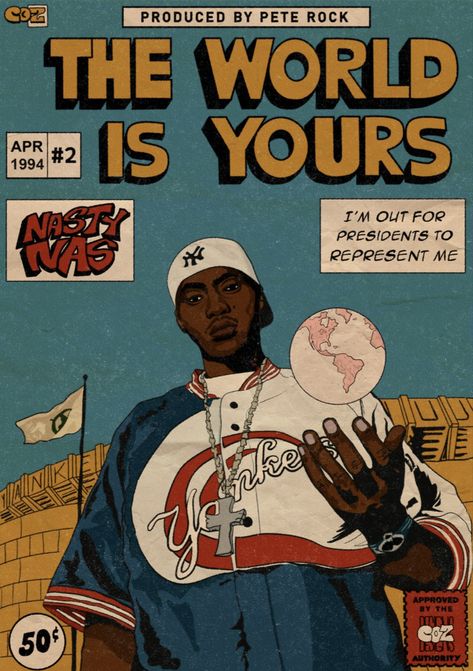 This is a Retro comic poster for the single by nas I created using Adobe illustrator. hope y’all like it :) #illmatic Comic Music Posters, Nas Illmatic Wallpaper, Nas The World Is Yours, Hiphop Magazine Covers, Hip Hop Comic Art, Illmatic Poster, Illmatic Wallpaper, Retro Illustration Poster, Retro Comic Aesthetic