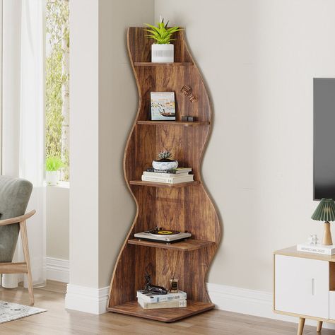 Arhab Corner Bookcase Light Wood Decor Living Room, Walnut Corner Shelves, Farm Style Living Room Cozy, Things For Home Decoration, Decor For Living Room Corner, Bookcase For Living Room, Corner Standing Shelves, Book Corner In Living Room, Cottagecore Living Room Furniture