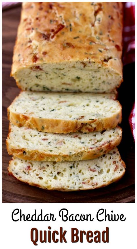 Sliced Cheddar Bacon Chive Quick Bread Loaf Quick Bread Loaf Recipes, Savory Breads Loaf, Savory Bread Loaf Recipes, Veggie Bread Recipes, Savory Loaf Bread Recipes, Bacon Cheddar Sourdough Bread, Quick Bread Recipes Easy Loaf Pan, Savory Quick Bread Recipes, Loaf Bread Recipes