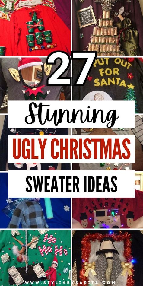 ugly christmas sweaters for families Diy Christmas Vacation Sweater, Funny Xmas Sweaters Diy, Cute Ugly Christmas Sweaters Women, Ugliest Sweater Contest, Ugliest Sweater Ideas, Ugly Sweater Ideas Diy Kids, Funniest Christmas Sweaters, Dit Ugly Christmas Sweater, Obnoxious Christmas Outfit