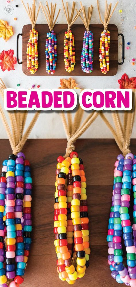 Beaded corn made with pipe cleaners is a fall craft that is easy and beautiful! This colorful pipe cleaner beaded corn can be used for decoration this fall all the way through Thanksgiving. Pony Bead Indian Corn Craft, Indian Corn Beads And Pipe Cleaners, Thanksgiving Crafts School Age, Pony Bead Corn Craft, Easy Diy Thanksgiving Crafts For Kids, Fall Decor Crafts For Kids, Easy Kid Crafts For Fall, Kid Crafts Fall, Corn Beads Craft