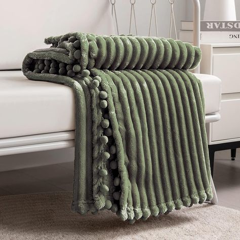 Amazon.com: DISSA Fleece Blanket Throw Size – 51x63, Olive Green – Soft, Plush, Fluffy, Fuzzy, Warm, Cozy – Perfect Throw for Couch, Bed, Sofa - with Pompom Fringe - Flannel Blanket Throw Blanket : Home & Kitchen Green Throw Blanket, Green Blanket, Afghan Throw Blanket, Green Throw, Microfiber Blanket, Twin Blanket, Knit Throw Blanket, Couch Throws, Blanket Throw