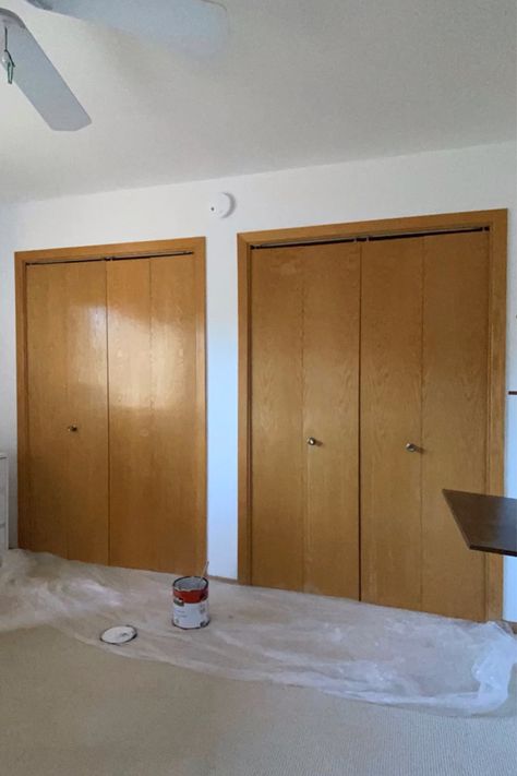 Transforming Closet Doors, Trim On Closet Doors, Paneled Closet Doors, Closet Doors Folding, Plain Closet Door Makeover, How To Make Closet Doors Look Better, Adding Trim To Closet Doors, Wood Panel Closet Doors, Closet Door Renovation