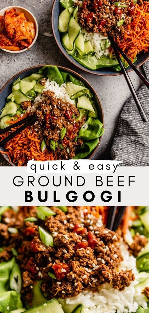 Korean Ground Beef And Rice Bowls Healthy, Ground Chicken Bulgogi, Ground Bulgogi Recipe, Quick Bulgogi Beef, Ground Beef Poke Bowl, Beef Bulgogi Hello Fresh, Ground Beef Ginger Recipes, Kimchi Ground Beef, Beef Bulgogi Recipe Ground Beef