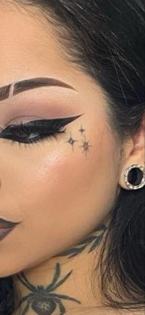 Face Tattoos For Women Stars, Women’s Small Face Tattoo, Woman Small Face Tattoo, Small Tattoo On Face Women, Face Tats For Women Under Eye, Face Tattoos For Women Side Face Tattoos For Women, Female Small Face Tats, Sparkles Face Tattoo, Women Small Face Tattoo