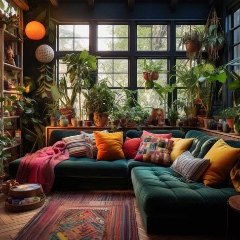 Green Sofa Eclectic Living Room, Dark Green Eclectic Living Room, Big Green Couch Living Room, Green Sofa Colourful Living Room, Deep Green Sofa In Living Room, Colorful Lounge Room, Green Couch Ideas Living Room, Jade Sofa Living Room, Green Living Room Plants