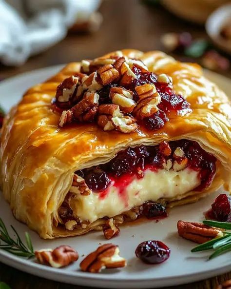 Cranberry Pecan Brie Wrapped in Flaky Puff Pastry - Miarecipes Cranberry Pecan Brie, Baked Brie Puff Pastry, Pecan Brie, Brie Cranberry, Baked Brie Recipes, Cranberry Baking, Brie Puff Pastry, Brie Appetizer, Puff Pastry Appetizers