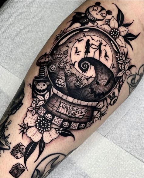 Best Hand Tattoos Women, And If You Go I Wanna Go With You Tattoo, Hidden Disney Tattoo, Nightmare Before Christmas Tattoo Sleeve, Small Nightmare Before Christmas Tattoo, Dark Disney Tattoos, Nightmare Before Christmas Tattoo Ideas, Sleeve Designs Tattoo, Thigh Tattoos Ideas