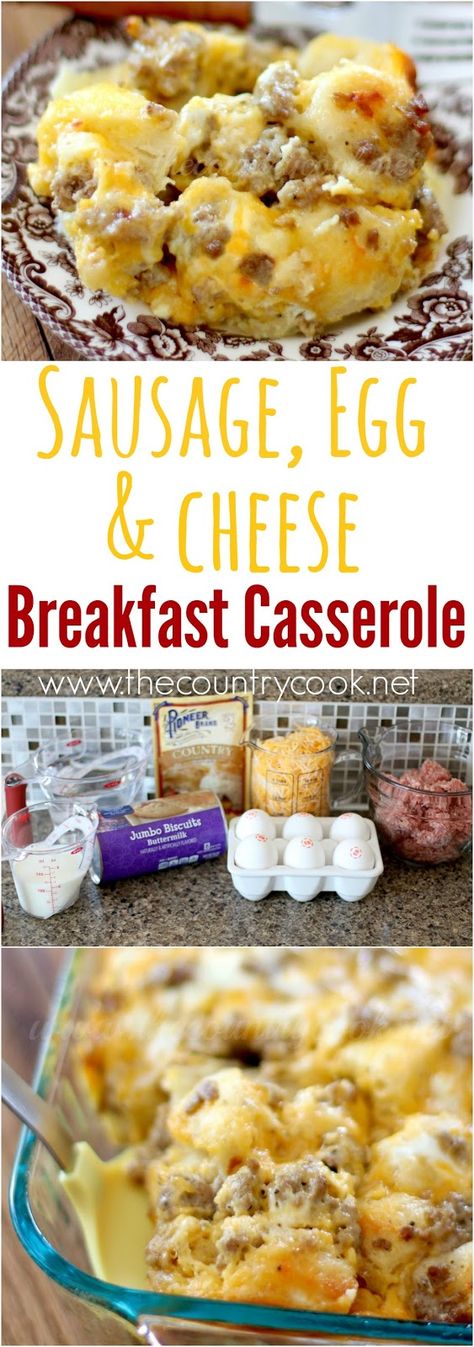 Sausage, Egg & Cheese Biscuit Casserole recipe from The Country Cook. #EBeggs #breakfast #ad Things To Make With Breakfast Sausage, Biscuit Egg Casserole Recipes, Breakfast Casserole Made With Biscuits, What To Make With Breakfast Sausage, What To Eat With Biscuits, Canned Biscuit Recipes Breakfast, Sausage Egg Cheese Biscuit, Sausage Egg And Cheese Casserole, Sausage Egg And Cheese Biscuit