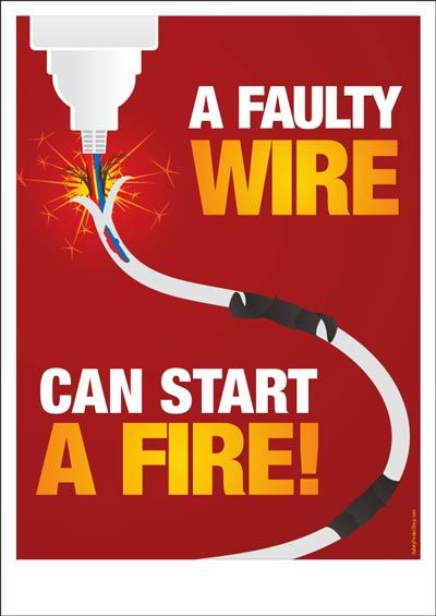 Electrical Safety Poster : A faulty wire can start a fire | Safety Poster Shop Electrical Safety Posters, Workplace Safety Slogans, Fire Safety Poster, Food Safety And Sanitation, Electrical Fire, Safety Pictures, Safety Quotes, Safety Talk, Health And Safety Poster