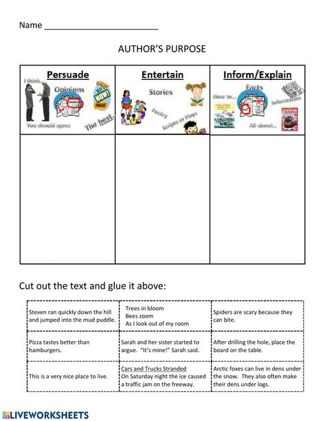 Author's Purpose 2nd Grade, Authors Purpose First Grade, Authors Purpose Worksheet, Purpose Worksheets, Author Purpose, Authors Purpose Anchor Chart, Authors Purpose Activities, Author's Purpose Worksheet, Authors Perspective