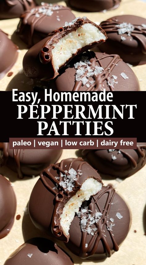 These homemade peppermint patties have a creamy mint and coconut filling that's coated in dark chocolate. These healthy peppermint patties are made without corn syrup and are paleo, vegan and keto friendly. Vegan Peppermint Patties, Keto Peppermint Patties, Mint Patties Recipe, Healthy Peppermint Desserts, Peppermint Patties Recipe Easy, York Peppermint Patty Recipes, Coconut Patties Recipe, Coconut Patties, Healthy Peppermint Patties