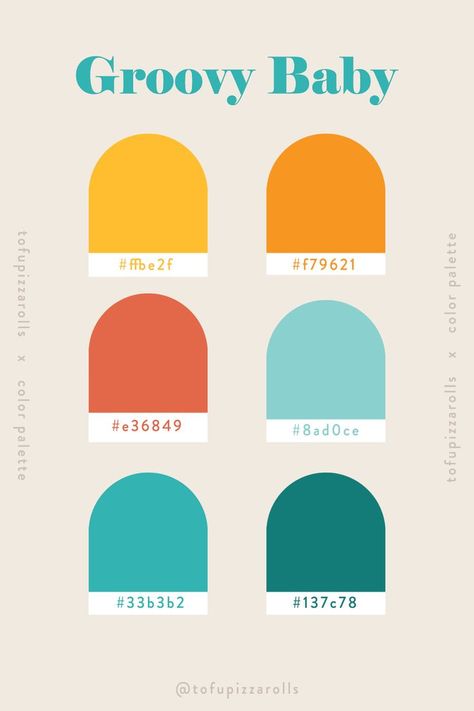 Color palette called "groovy baby" with yellows, oranges, and different shades of blue. Including design hex codes Tofu Pizza, Doughnut Stand, Flat Color Palette, Acrylic Table Numbers, 달력 디자인, Hex Color, Retro Color Palette, Pantone Colour Palettes, Color Design Inspiration