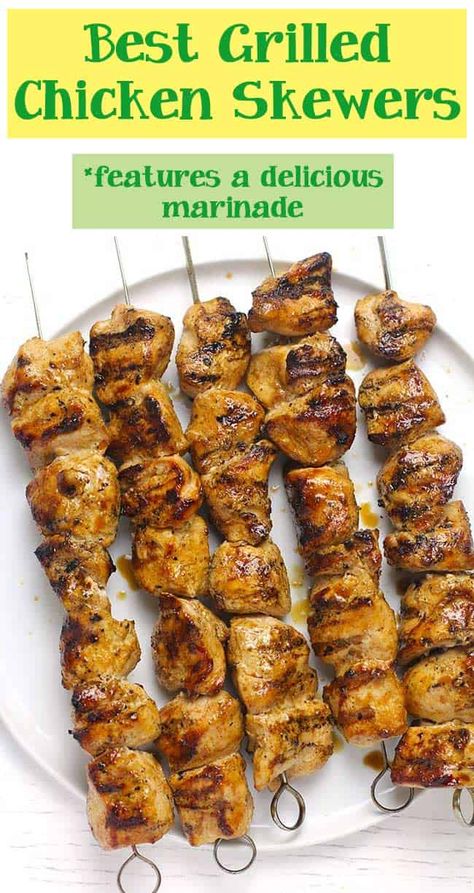 Chicken And Steak Skewers, Grill Chicken Skewers, Chicken Skewer Marinade Recipes, Grilled Steak Kabobs Skewers, Chicken Skewers Marinade Easy, Grilled Chicken Thigh Kabobs, Grilled Chicken On A Stick, Kebob Recipes Chicken, Bbq Chicken Skewers Grilled