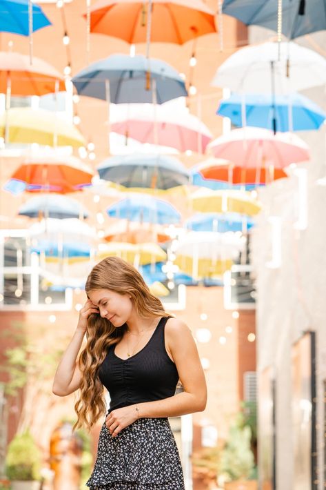 Senior Girl Posing Downtown in West Village in Chattanooga TN Umbrella Alley Downtown Chattanooga Photography, Chattanooga Photo Spots, Chattanooga Photoshoot, Chattanooga Riverwalk, Umbrella Alley, Senior Girl Posing, Chickamauga Battlefield, Mountain Family Photos, Downtown Chattanooga