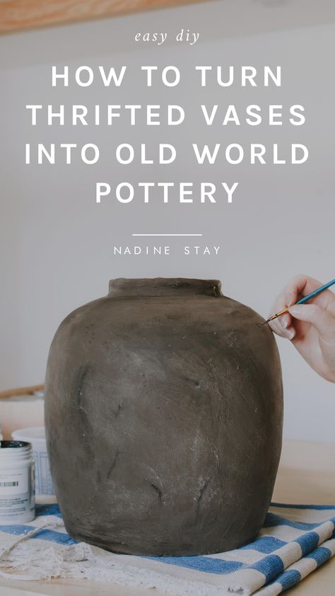 Diy Old Pottery Vase, Diy Faux Pottery Vase, Aged Pots Diy, Diy Faux Clay Pot, Flour And Paint Vase, Diy Antique Pottery, Diy Faux Clay Vase, Glass Vase To Ceramic Diy, Old World Pottery Diy