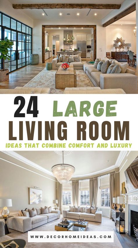 Discover 24 stunning large living room ideas that blend comfort with luxury. From elegant furniture arrangements to cozy decor elements, these designs will inspire you to create a spacious yet inviting atmosphere. Explore how to achieve the perfect balance between style and relaxation! Living Room Designs For Big Families, Ideas For Large Living Room Space, Large Family Room With Fireplace, Furnishing Large Living Room, Living Room Big Family, Large Room Furniture Layout, Large Sofa Layout, How To Style A Big Living Room, Big Family Room Ideas