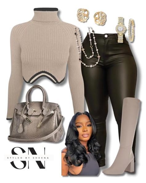 Winter Outfit With Turtleneck, Classy Birthday Outfits Winter, Long Boots Outfit Plus Size, Shein New Years Outfits, Booties Outfit Black Women, January Bday Outfit, Outfit Inspo With Boots, Fall Outfits Black Women Amazon, Banquet Outfit Ideas Casual