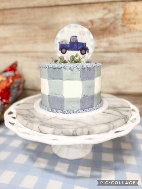 Gingham Cake, Blue Gingham Cake Birthday, Blue Gingham Party Decor, Little Blue Truck Cake, Little Blue Truck 1st Birthday Party, Blue Gingham Baby Shower Ideas, Truck Cakes, Twins 1st Birthdays, Nautical Baby Shower