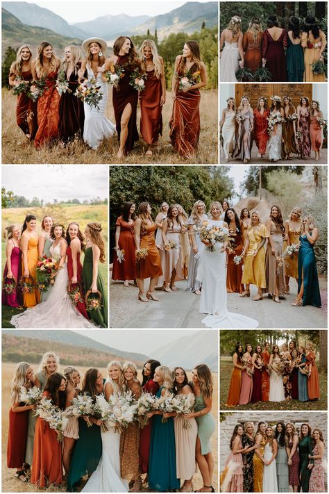 Fall Color Bridesmaids Dresses, Autumn Mismatched Bridesmaids, Terracotta Wedding Bridesmaid Dresses Mismatched, Fall Bridesmaid Palette, Different Color Fall Bridesmaid Dresses, Earth Tone Wedding Bridesmaid, Earth Bridesmaid Dresses, Mixed Bridal Party Dresses, Fall Boho Bridesmaid Dress