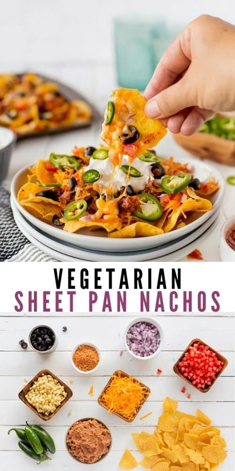 Vegetarian Nachos are a great way to get all those flavors you love without all the meat. This is a perfect recipe for meatless Mondays or taco Tuesdays! Nachos Without Meat, Cheap Healthy Mexican Meals, Vegetarian Taco Night, Nachos Recipe No Meat, Easy Nachos Recipe Simple No Meat, Plant Slant Recipes, Meatless Mondays Recipes, Meatless Mexican Meals, Vegetarian Nachos Recipe Easy