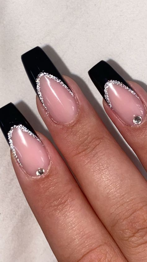 Glitter Nails With Black Tips, Black French Tips With Diamonds, Nail Art For Black Dress, Black Tip Nails With Heart, Black And Gem Nails, Nails For A Black Prom Dress, Nails For A Ball, Cute Black Birthday Nails, Engagement Nails Black