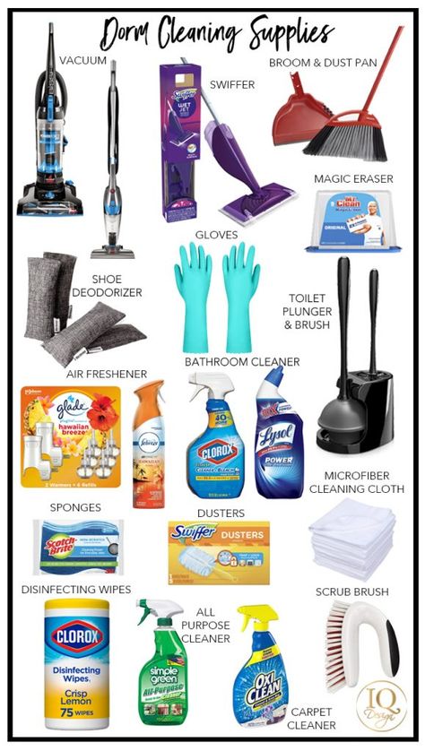 Room Cleaning Essentials, New House Supplies, Cleaning Supplies For Apartment, Cleaning Supplies Must Have, House List Supplies, Cleaning Supplies For First Apartment, List Of Cleaning Supplies For New House, College Dorm Cleaning Supplies, College Dorm Cleaning Schedule