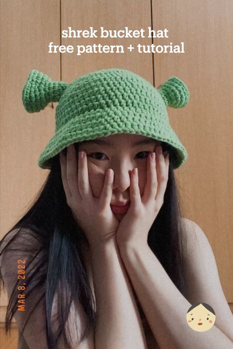 how to crochet a shrek bucket hat beginner friendly step by step tutorial easy halloween costume Crochet Shrek Hat Free Pattern, Shrek Crochet Hat Free Pattern, Crochet Patterns Bucket Hat Free, Shrek Beanie Crochet Pattern, Crochet Shrek Bucket Hat, Shrek Crochet Bucket Hat, Crochet Shrek Bucket Hat Pattern Free, Shrek Bucket Hat Crochet Pattern, Crochet Mushroom Bucket Hat Free Pattern