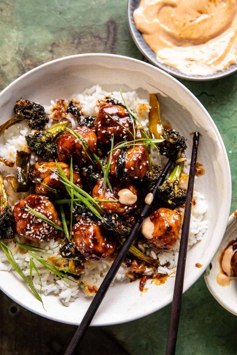 Weeknight Sticky Honey Garlic Meatballs | halfbakedharvest.com Sticky Thai Meatballs, Sticky Honey Garlic Meatballs, Orange Chicken And Broccoli, Unexpected Recipes, Bowl Dinners, Meal Bowls, Honey Garlic Meatballs, Garlic Meatballs, Half Baked Harvest Recipes