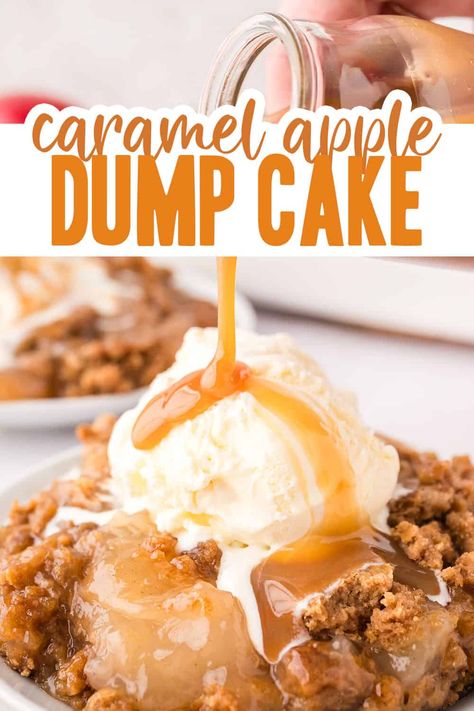 Our easy Caramel Apple Dump Cake is made with just 4 ingredients and 10 minutes of prep. This cake is a fall favorite dessert recipe! Apple Recipes Easy 3 Ingredients, Fall Favorite Desserts, Apple Recipes Easy Healthy, Thanksgiving Desserts Pie, Thanksgiving Recipes Side Dishes Veggies, Apple Dump Cake, Dessert Thanksgiving, Thanksgiving Desserts Kids, Caramel Apple Dump Cake