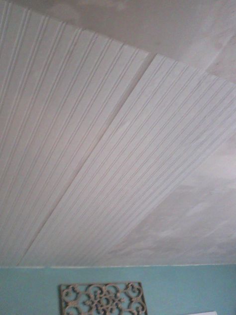 beadboard ceiling | Not only would it be easier and cheaper, I could actually do this ... Wallpaper On Ceiling, Beadboard Wall, Vintage Tin Ceiling Tile, Covering Popcorn Ceiling, Beadboard Wallpaper, Ceiling Options, Plank Ceiling, Beadboard Ceiling, Ceiling Texture