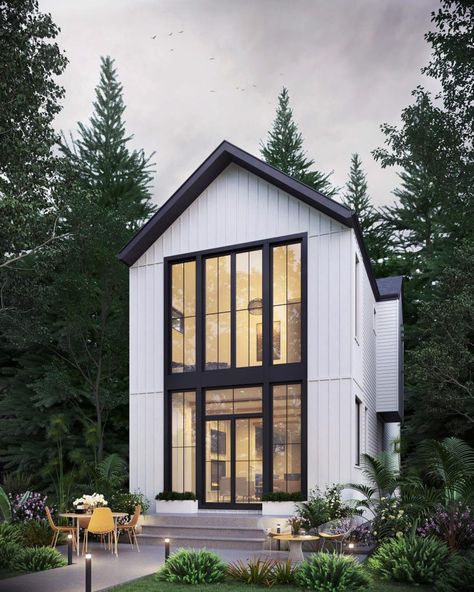 Modern Narrow Infill House with Classic Board and Batten Design #architecture Infill House, Board And Batten Exterior, Narrow House Plans, Narrow Lot House, Classic Exterior, Narrow Lot House Plans, Modern Style House Plans, Narrow House, Modern Farmhouse Exterior