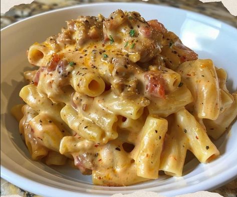 Rotel Pasta Fiesta - Velveeta Rotel Chicken Rotini, Super Delicious Dinner Recipes, Diner With Ground Beef, Noodles And Meat, Cheesy Mexican Pasta, Pasta Rotel Recipes, Rotel Dip Chicken Pasta, Dinner Friday Night, Rotel Pasta With Sausage