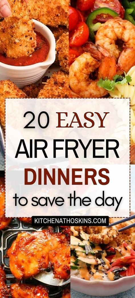 Discover easy air fryer dinner recipes for family that are healthy, quick and mostly ready in 30 minutes. You will find easy meals using chicken, tenders, burgers and also seafood dishes like salmon, shrimp and tilapia along with vegetarian dinners like eggplant parmesan for an easy dinner solution. Get the best air fryer dinner ideas at kitchenathoskins.com. Easy Meals For Air Fryer, Air Fryer Meals For College Students, Easy Air Fryer Dinners For 2, Ninja Air Fryer Recipes Easy Dinner, Easy Supper Ideas Quick Air Fryer, Air Fry Dinner Recipes For Family, Fast Healthy Air Fryer Meals, Dinner In The Air Fryer, Frozen Tenderloins In Air Fryer