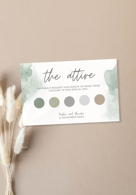 The Attire Sage Watercolour Template Full Editable Modern - Etsy Wedding Attire Card, Dress Code Card, Wedding Guest Dress Code, Sage Wedding Colors, Color Palette Wedding, Bridesmaid Invitation, Dress Code Wedding, Sage Green Wedding, Green Wedding Invitations