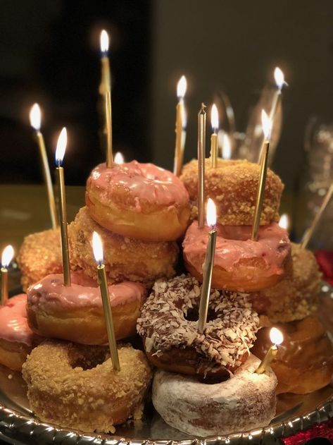 Donut Birthday Stack, Birthday Desserts Aesthetic, Glazed Donut Cake Tower, Donuts Stacked Like A Cake, Birthday Donuts With Candles, Doughnut Stack Cake, Donuts Birthday Aesthetic, Donut Bday Cake, Stacked Donut Cake